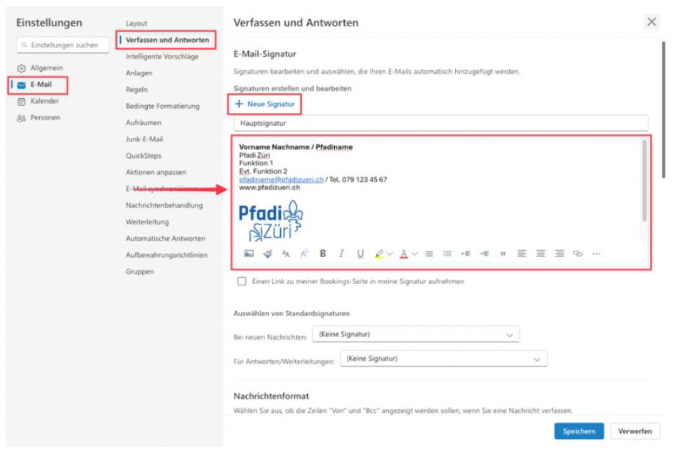 Signaturen-Editor mit eingefügter Signatur
